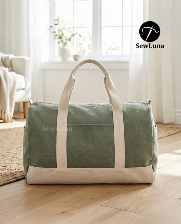 May include: A green duffel bag with cream-coloured accents. The bag has cream-coloured handles and a cream-coloured base. The text "SewLuna" is printed on the side. The bag is on a wooden floor.