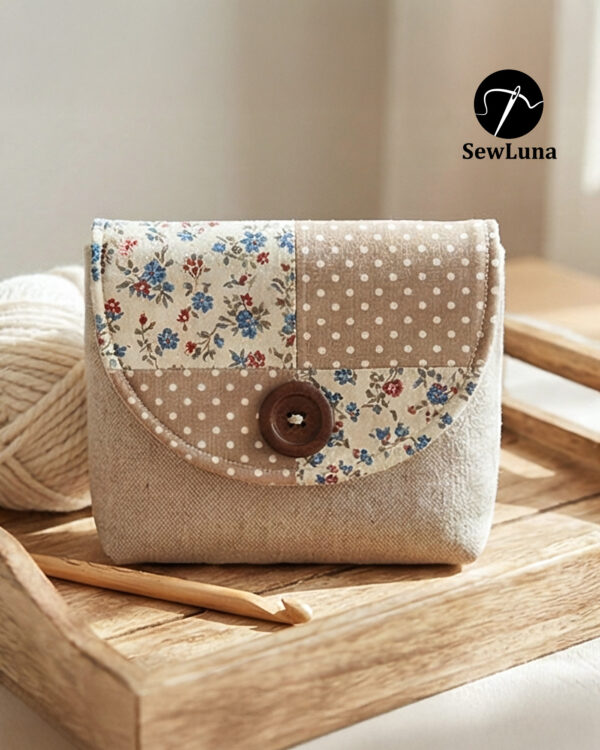 Beige linen button flap pouch with floral and polka dot patchwork design featuring a large wooden button closure. Completed sample of the Laurel PDF sewing pattern for a small clutch or cosmetic bag.
