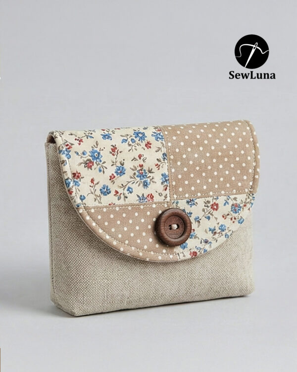 Beige linen button flap pouch with floral and polka dot patchwork design featuring a large wooden button closure. Completed sample of the Laurel PDF sewing pattern for a small clutch or cosmetic bag.