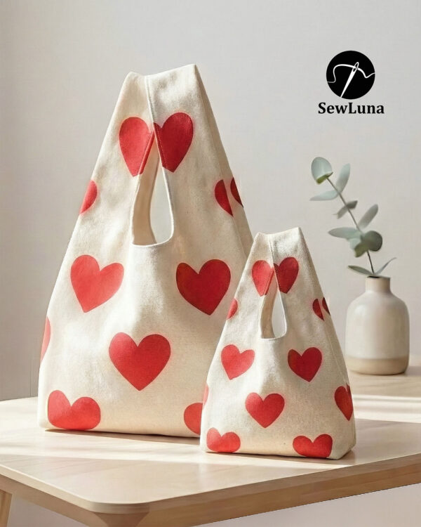 Two cream canvas tote bags featuring a red heart print standing on a light wooden table. The image displays the Aura Essential bag in two sizes, featuring a wide gusset and integrated handles, representing the finished result of this digital sewing pattern.