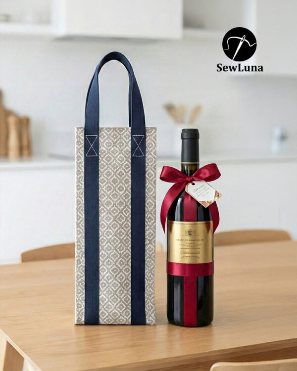 Handmade fabric wine carrier with blue straps and a grey geometric diamond pattern sitting next to a red wine bottle with a burgundy bow on a wooden table.