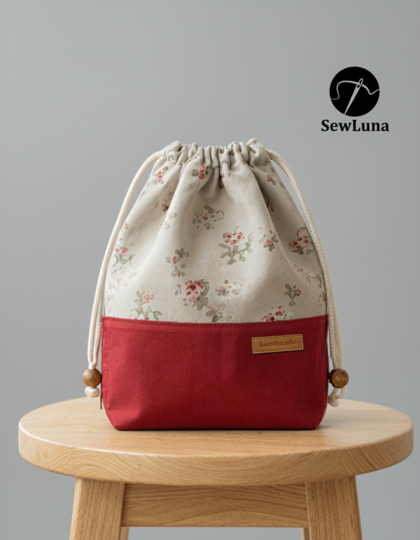 Finished example of the Bloom Essential Drawstring Pouch sewing pattern sitting on a wooden stool. The bag features a beige floral top section and a solid red canvas bottom with a leather handmade tag. It has a gathered drawstring top with cotton cord and wooden beads.