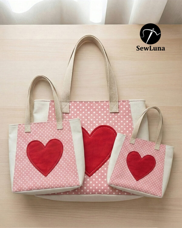 Three handmade cream and pink polka-dot canvas tote bags in small, medium, and large sizes featuring a large red heart applique on the front panel, displayed on a light wood surface.
