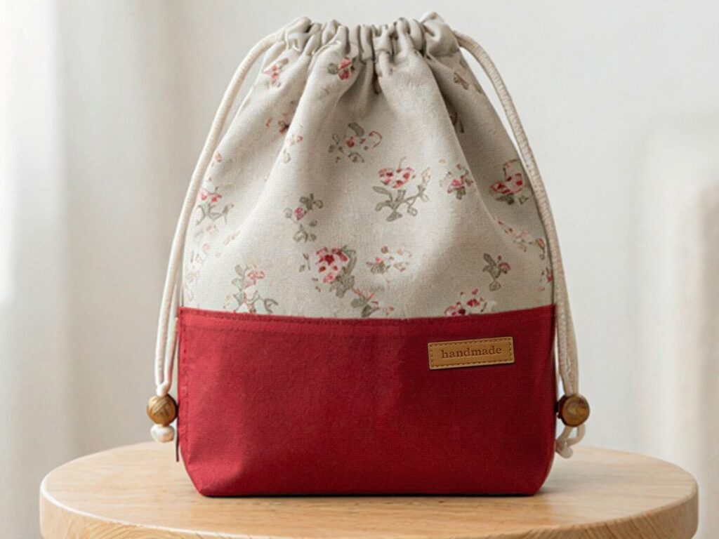 Finished example of the Bloom Essential Drawstring Pouch sewing pattern sitting on a wooden stool. The bag features a beige floral top section and a solid red canvas bottom with a leather handmade tag. It has a gathered drawstring top with cotton cord and wooden beads.