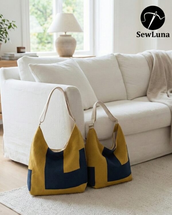 Two finished Aris hobo bags sitting on a white rug against a sofa. The bags feature a modern geometric color-block design in mustard yellow and navy blue with canvas straps. The image displays the Original and Large sizes of this digital sewing pattern.
