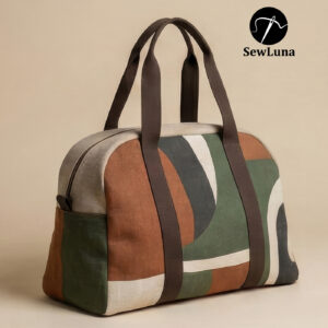 Modern arched duffle bag sewing project featuring geometric earth tone color blocking in rust, olive green, and cream. Side view showing sturdy brown wrap-around handles and zipper closure. Finished example of a digital PDF bag pattern.