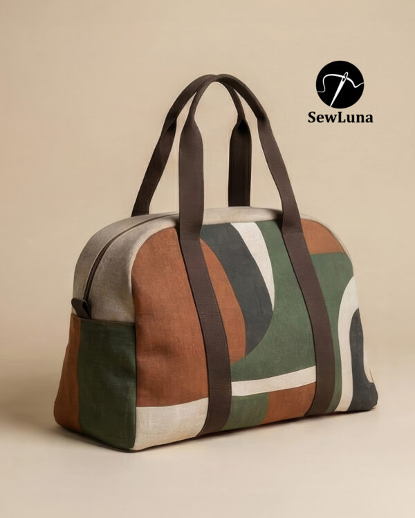 Modern arched duffle bag sewing project featuring geometric earth tone color blocking in rust, olive green, and cream. Side view showing sturdy brown wrap-around handles and zipper closure. Finished example of a digital PDF bag pattern.