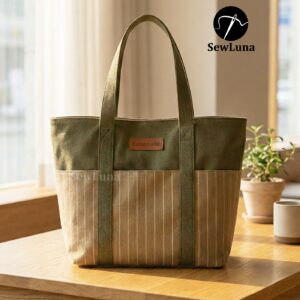 Finished Lyra canvas tote bag sewing pattern featuring a vintage blue floral tapestry upper, solid navy blue base, and navy webbing straps. The handmade bag is standing upright against a white background, showcasing this beginner DIY project.