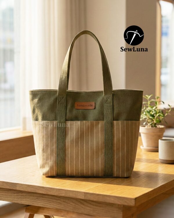 Finished Lyra canvas tote bag sewing pattern featuring a vintage blue floral tapestry upper, solid navy blue base, and navy webbing straps. The handmade bag is standing upright against a white background, showcasing this beginner DIY project.