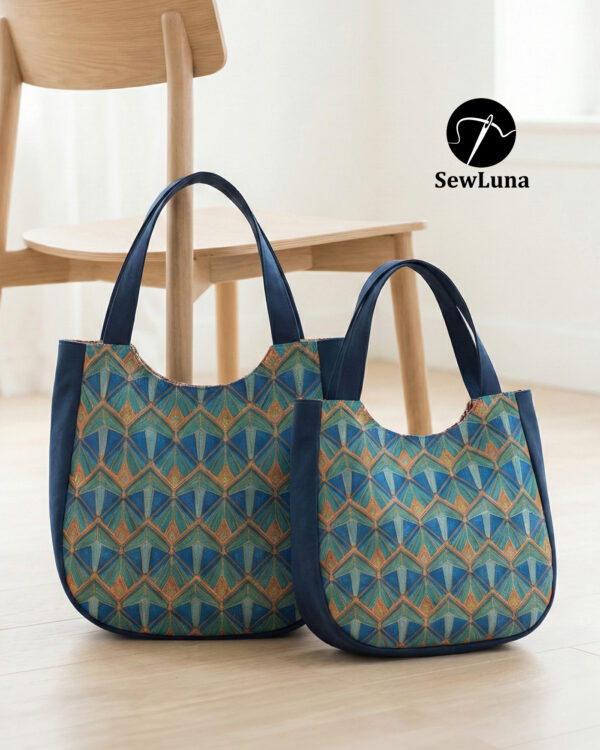 Two handmade curved tote bags in large and small sizes featuring a blue and teal geometric Art Deco print with navy blue trim and handles, displayed on a light wood floor next to a minimalist wooden chair.