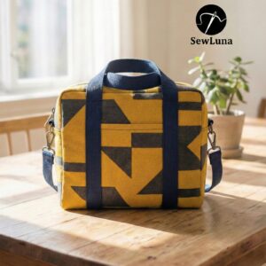 Yellow and charcoal geometric print boxy handmade bag with blue handles on a wooden table.