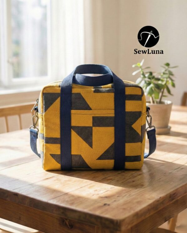 Yellow and charcoal geometric print boxy handmade bag with blue handles on a wooden table.