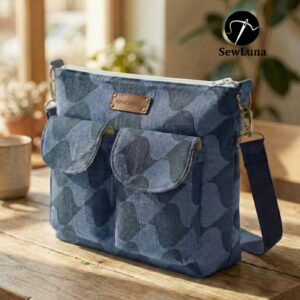 Blue patterned handmade canvas crossbody bag sitting on a wooden table near a window. This beginner-friendly PDF sewing pattern bag features a top zipper, adjustable navy strap, and two front pockets with a brown leather handmade tag.
