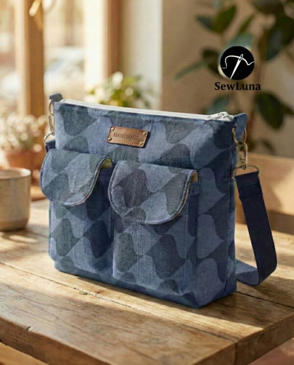 Blue patterned handmade canvas crossbody bag sitting on a wooden table near a window. This beginner-friendly PDF sewing pattern bag features a top zipper, adjustable navy strap, and two front pockets with a brown leather handmade tag.