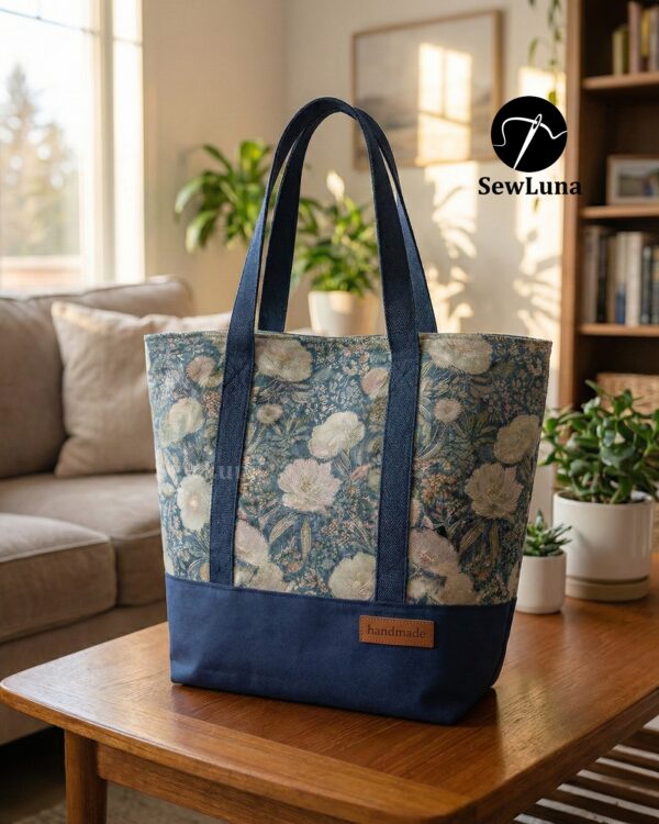 Finished Lyra canvas tote bag sewing pattern featuring a vintage blue floral tapestry upper, solid navy blue base, and navy webbing straps. The handmade bag is standing upright against a white background, showcasing this beginner DIY project.