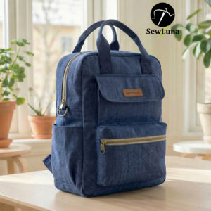 Finished blue canvas Piper Backpack with top handles, front flap, zipper pockets, and brass hardware against a clean white background. Sewing pattern example showcasing a structured, modern everyday bag.