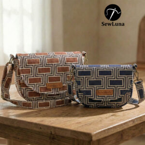 Two handmade curved crossbody bags in brown and navy geometric patterned fabric sitting on a wooden table. The DIY saddle bags feature flap closures with leather handmade tags and adjustable webbing straps.