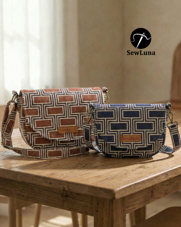 Two handmade curved crossbody bags in brown and navy geometric patterned fabric sitting on a wooden table. The DIY saddle bags feature flap closures with leather handmade tags and adjustable webbing straps.
